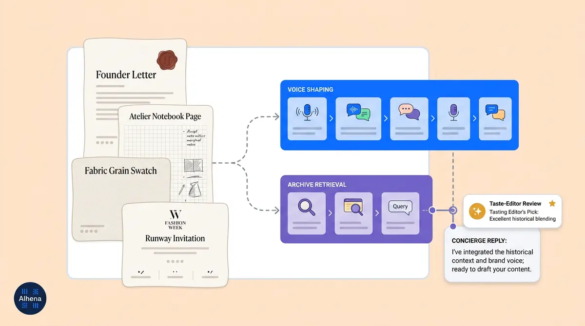 Brand voice AI architecture showing heritage archives flowing into fine-tuning and RAG pipelines for luxury ecommerce