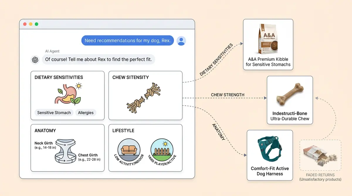 AI personalization interface showing breed-specific pet product recommendations to reduce returns