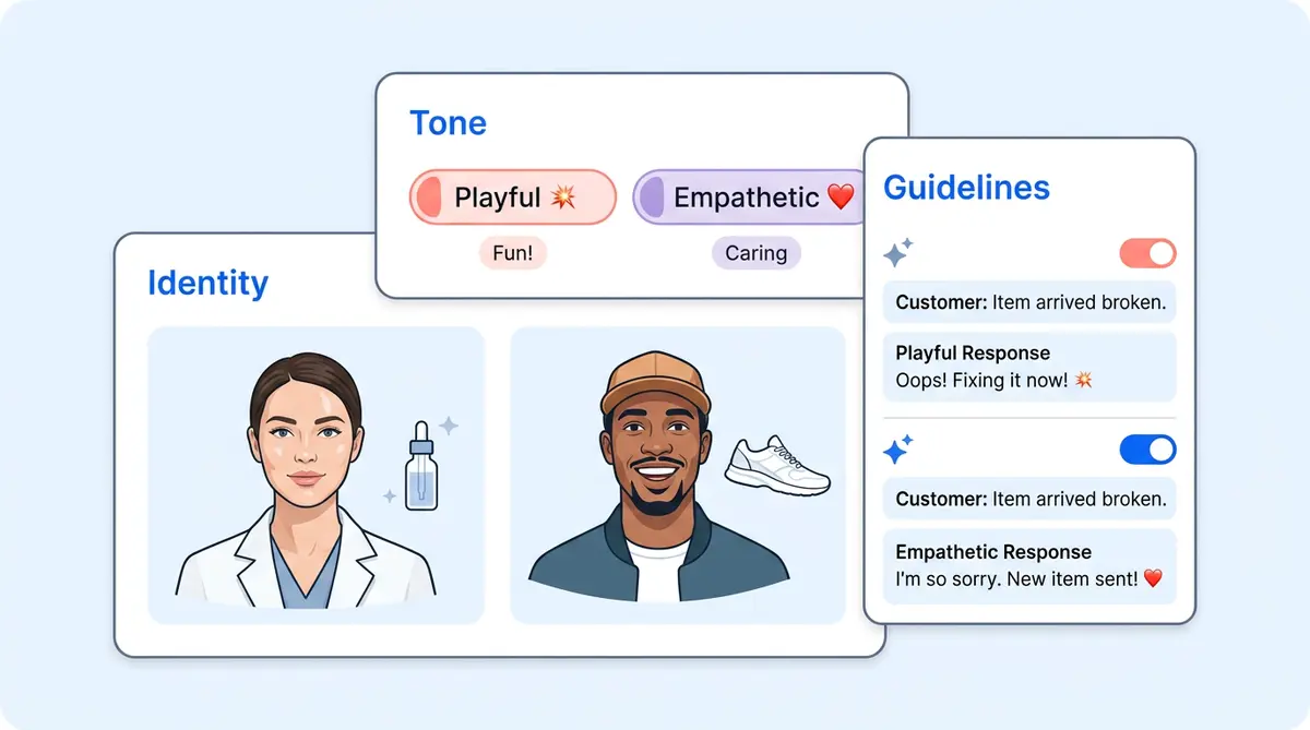 AI brand voice framework for ecommerce showing identity, tone, and guidelines configuration elements