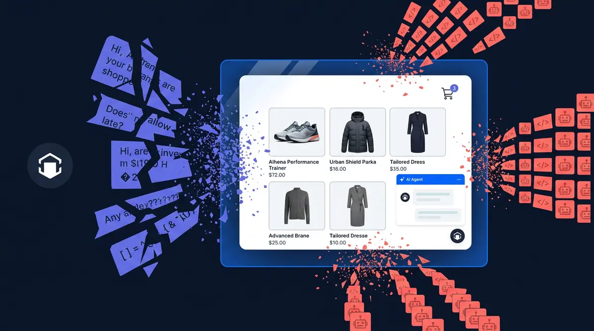 Ecommerce AI shopping interface under prompt injection attack from malicious prompts and scraper bots, with protective guardrails blocking threats