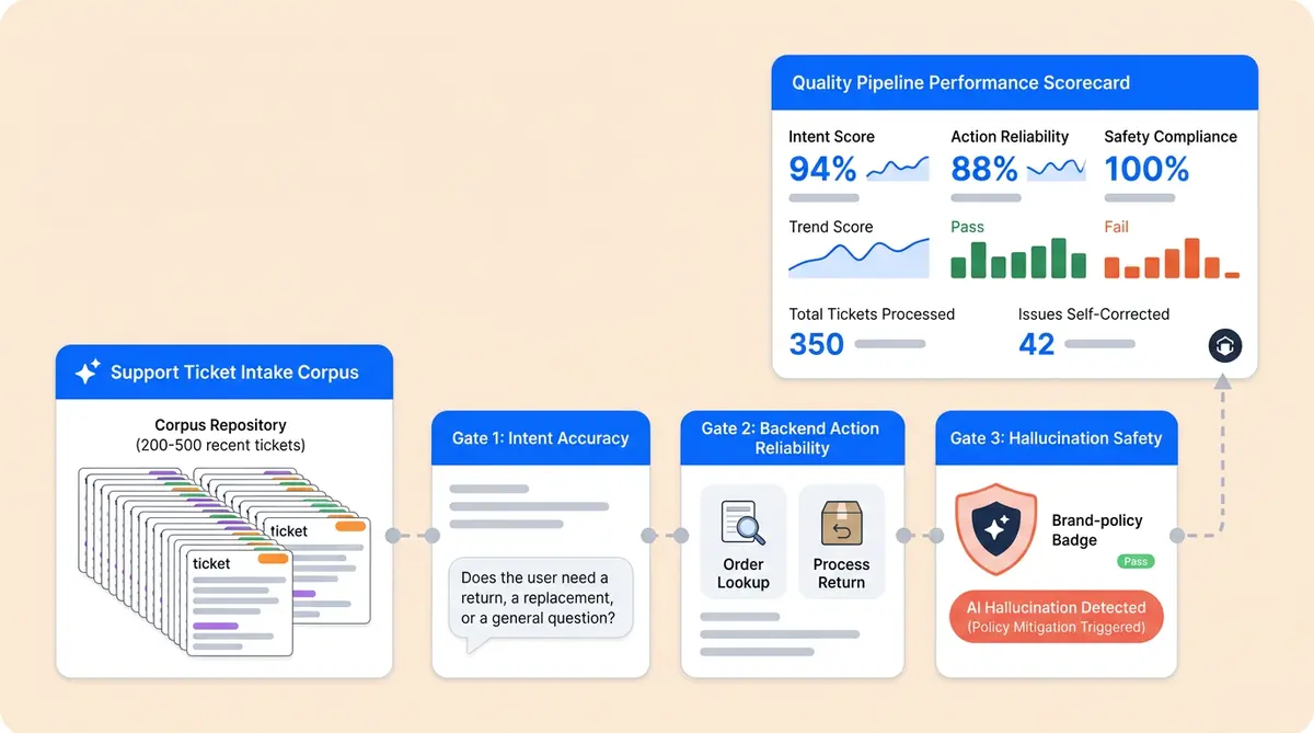 A validation framework diagram showing how to stress test an ecommerce AI agent before go-live with six pass/fail checkpoints