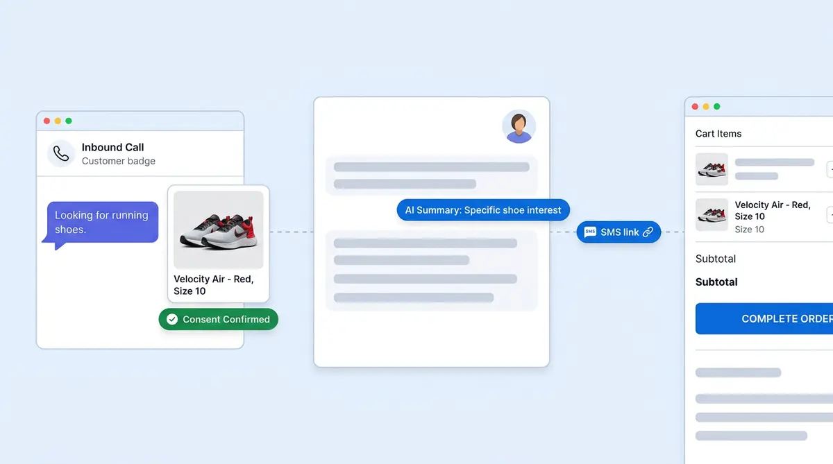 Voice commerce UX patterns showing add-to-cart, handoff, and checkout flows for ecommerce AI