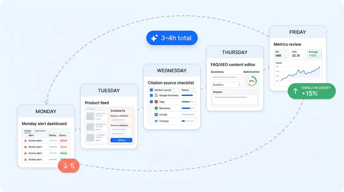 Mon-Fri AI visibility workflow: five daily task cards from monitoring to metrics review, 3-4h per week