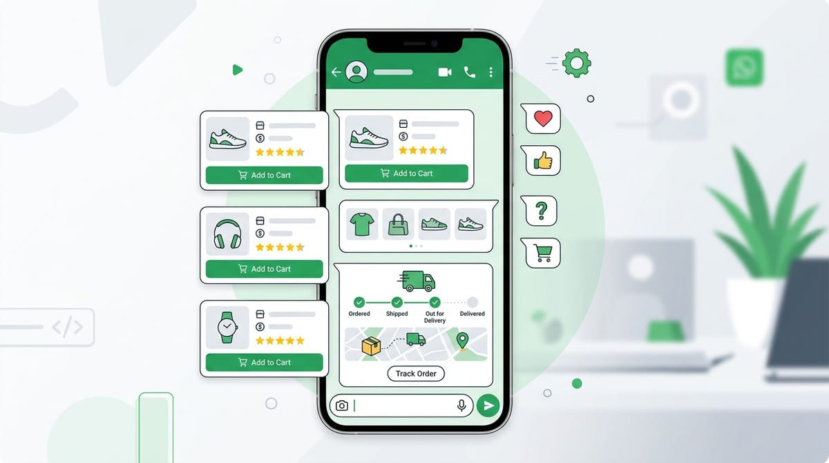 WhatsApp AI ecommerce chat thread showing product discovery checkout and order tracking in a single conversation