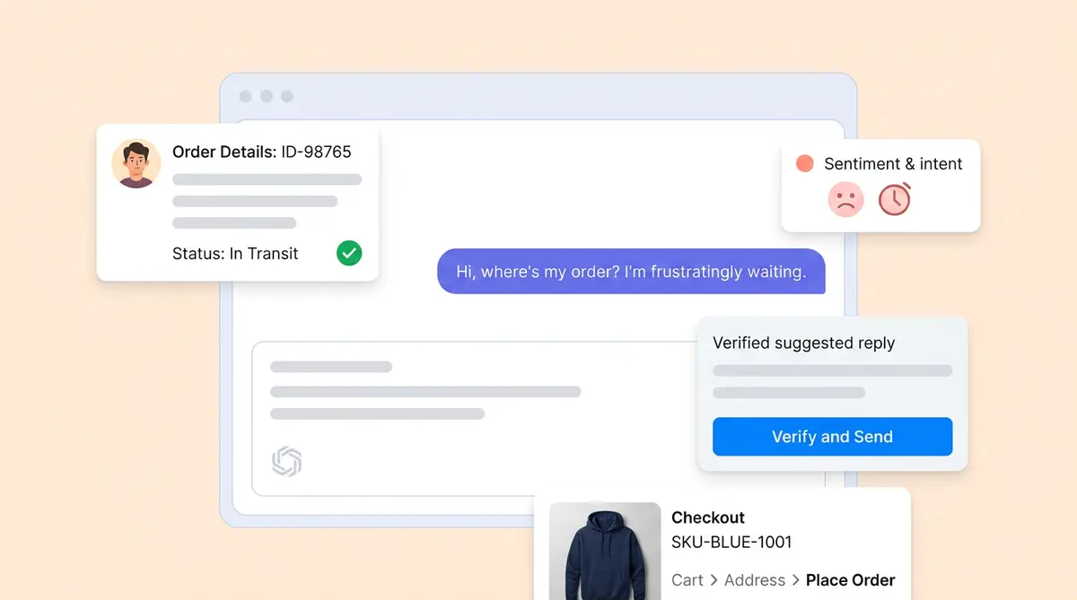 Real-time agent assist AI interface showing AI-drafted responses for e-commerce support agents