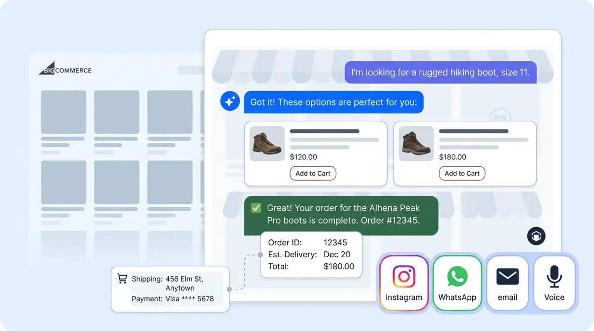AI chatbot for BigCommerce ecommerce store showing product recommendations and order tracking