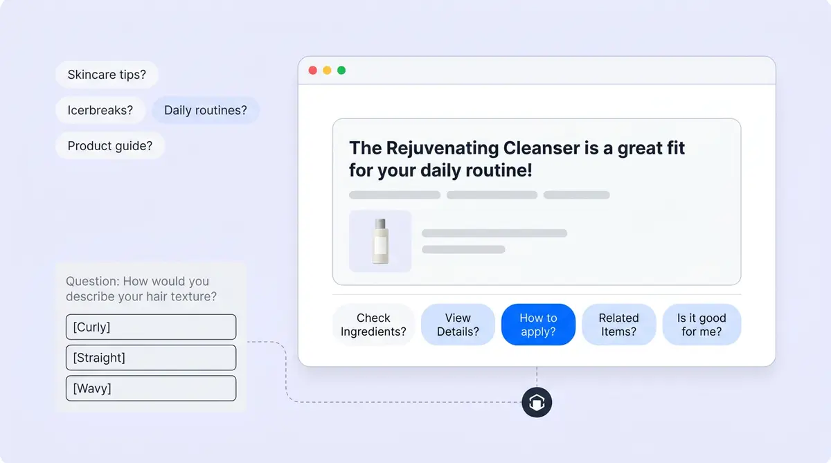 Alhena AI Suggested Questions Agent showing tappable follow-up chips in an ecommerce chat widget