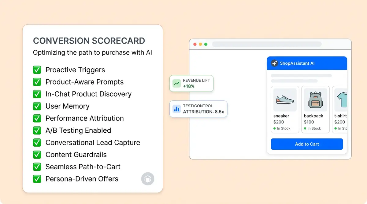 CRO chat platform checklist showing 10 conversion-driving features for ecommerce