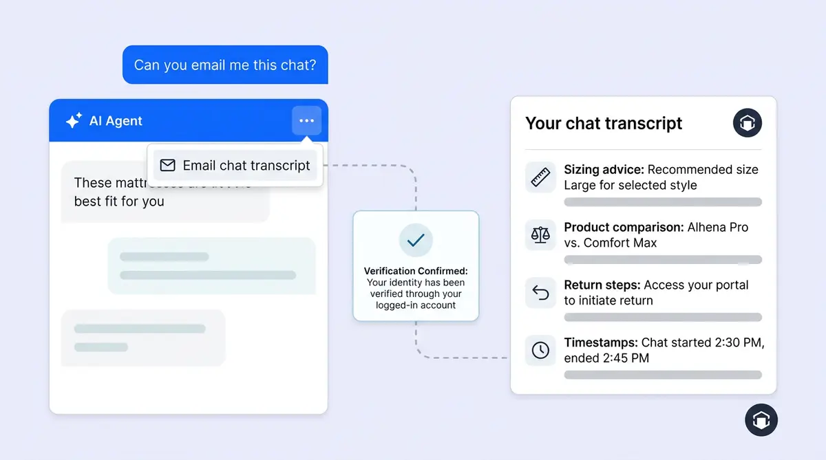 Alhena AI Send Transcript feature showing chat conversation being emailed as a formatted transcript