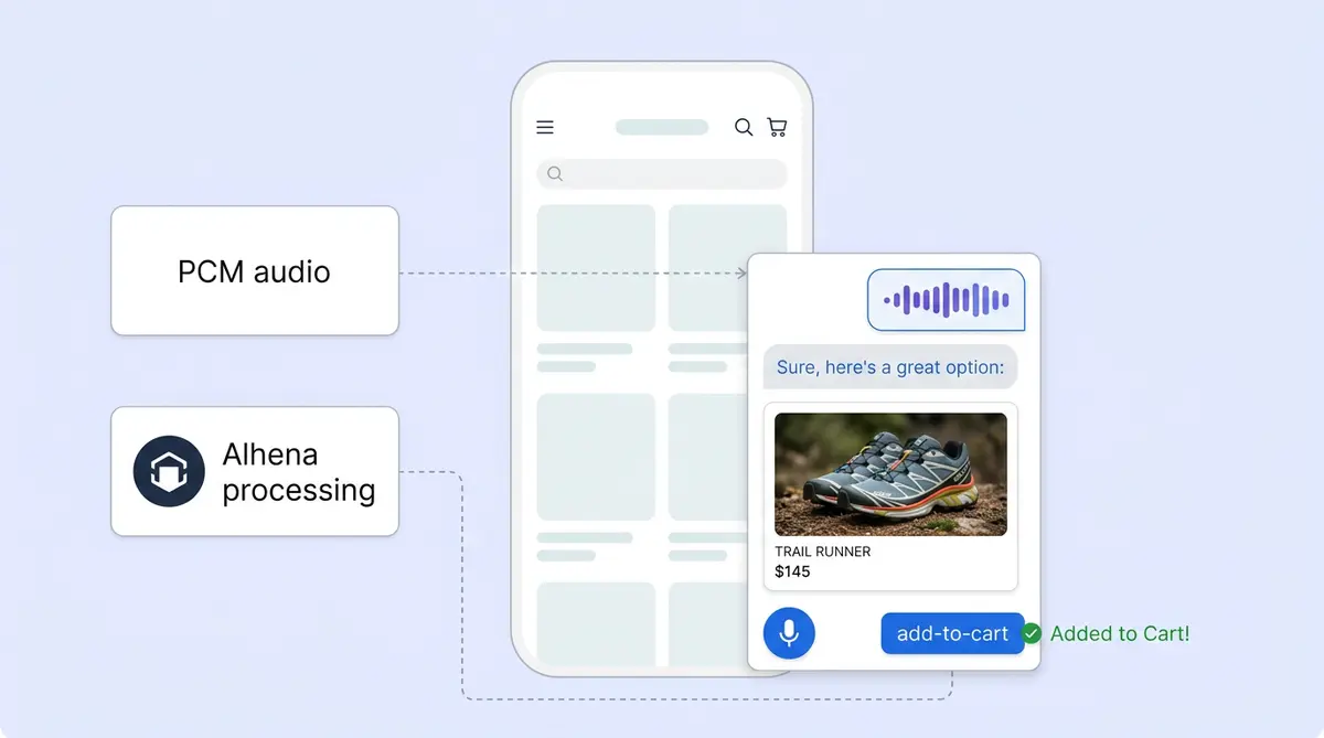 Alhena Voice AI interface inside a website chat widget showing voice commerce interaction