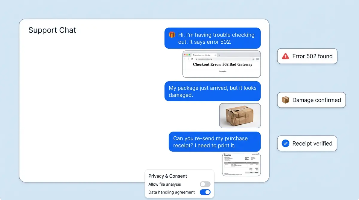 Alhena chat widget showing customer file attachments with AI vision processing for faster support resolutions