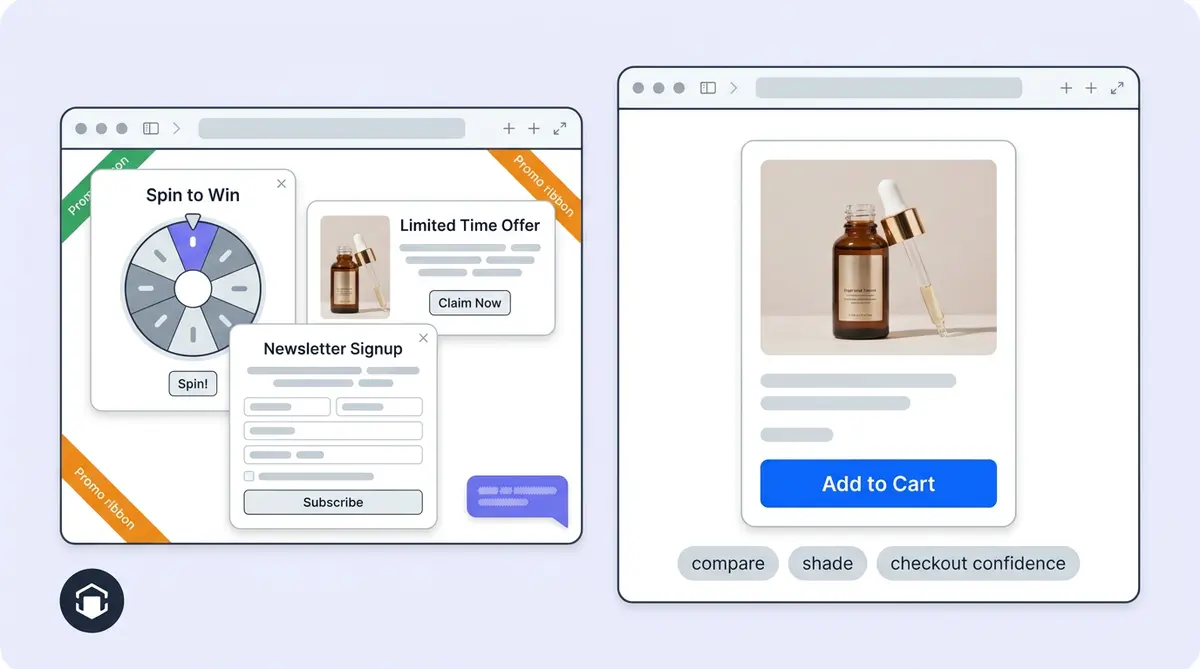 Cluttered ecommerce product page vs clean AI-guided page with contextual prompts and clear add-to-cart button