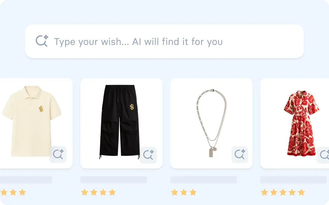 AI-powered ecommerce site search showing product discovery with fashion items and star ratings