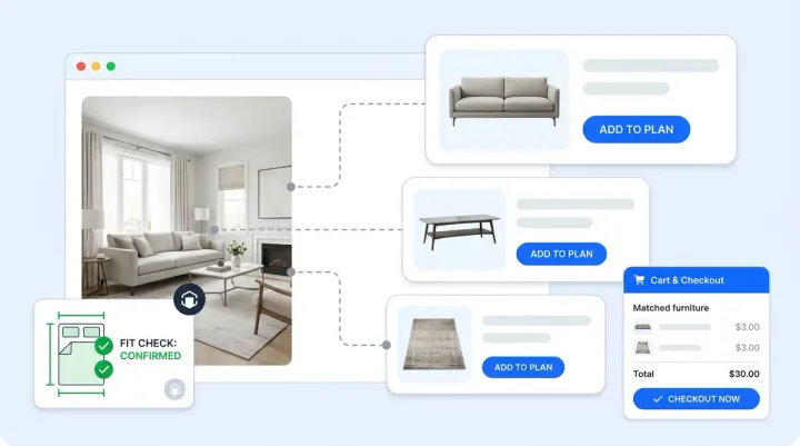 Agentic AI shopping assistant for home furnishing brands showing visual search, product matching, and checkout flow