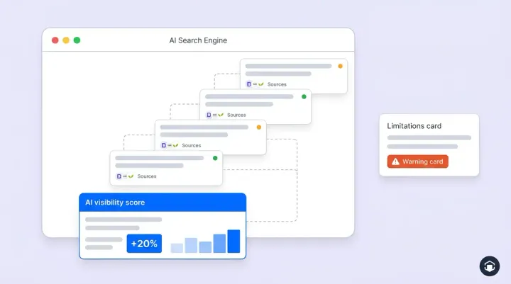 How Alhena measures AI visibility: tracked prompts run against five AI engines to produce a 0 to 100 visibility score, a competitor leaderboard, and revenue attribution.